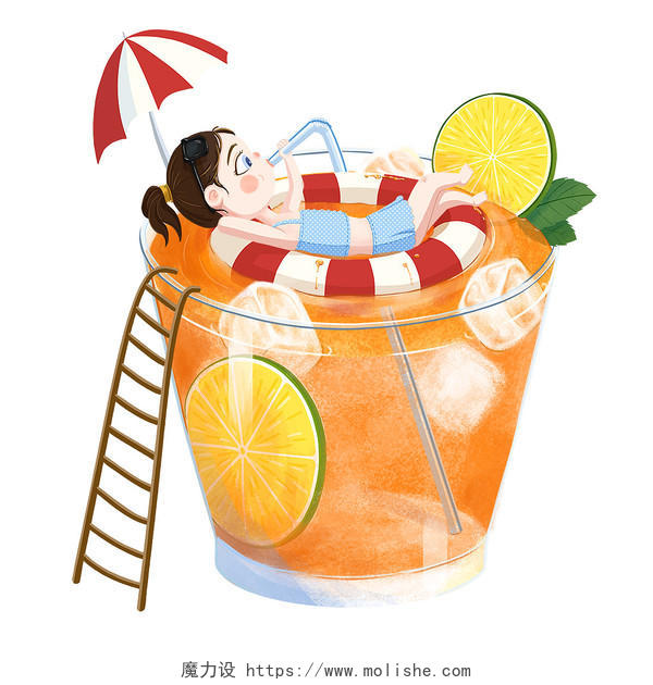 夏日冰饮女孩夏日卡通人物创意悠闲假日PSD素材夏天夏日夏季
